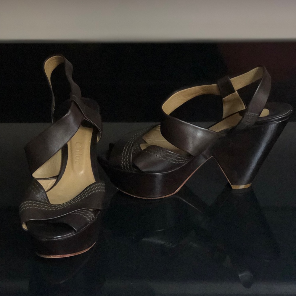 Chloé Brown Leather Platform Wedge Sandals 38.5 Made Italy Designer Heels - Picture 2 of 9